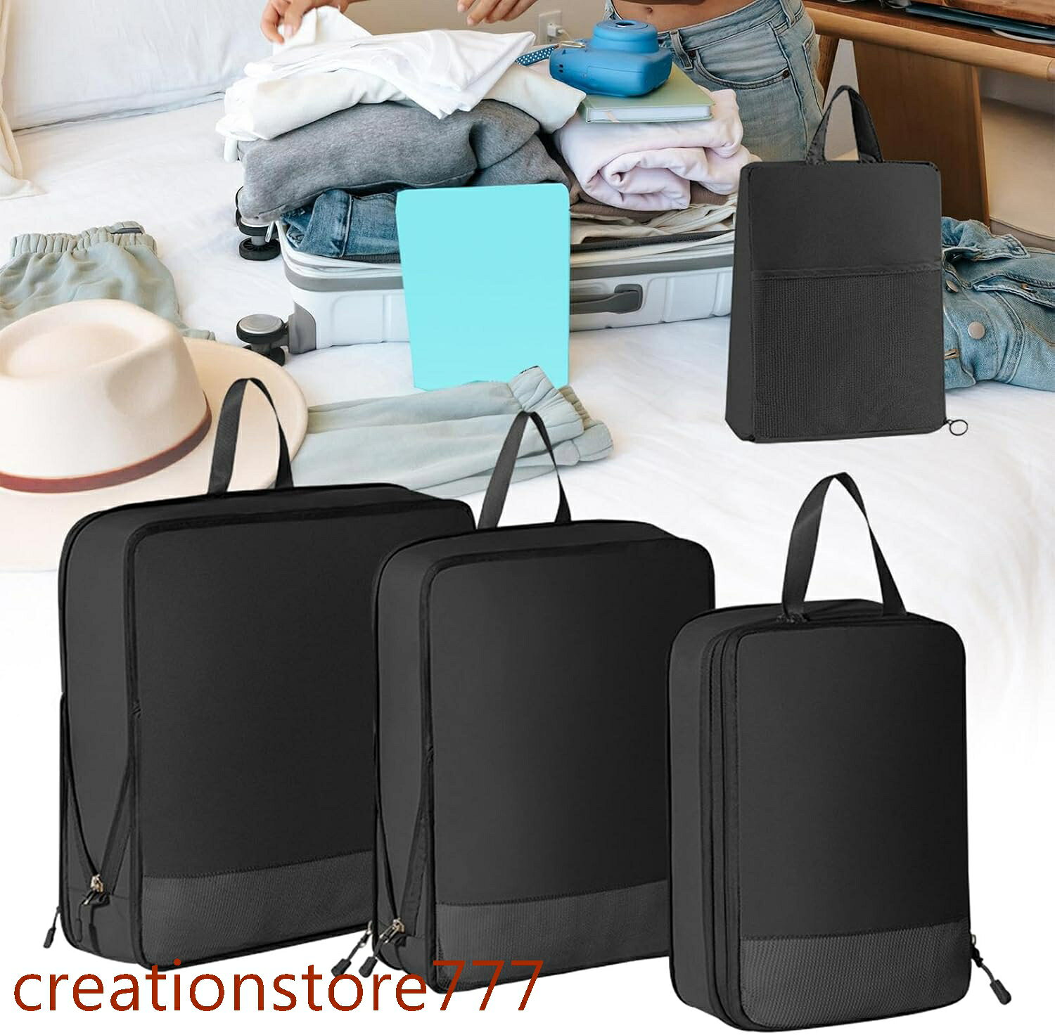 【楽天スーパーSALE】圧縮パッキングキューブ 荷物パッキングオーガナイザー 防水ジッパー 旅行服パッキングオーガナイザー 休暇用 黒 creationstore777-10002255 Creation-store楽天市場店 サンプル画像3