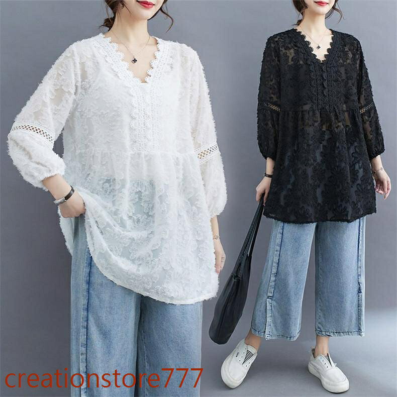【楽天スーパーSALE】春夏 シャツ ブラウス トップス レディース 7分袖 無地レース ベーシックロングシャツ チュニック丈大人カジュアル いろんな着こなしが楽しめる
