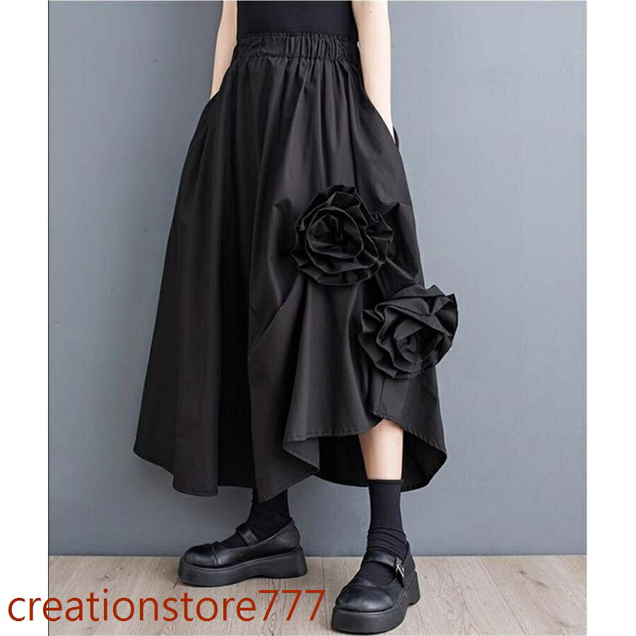 Creation-store楽天市場店の春ボトムス 人気スカート お花 立体感あり レディースAライン ウエストゴム 上品 体型カバー カジュアルになりすぎない絶妙なデザイン高見え お洒落｜アングル3