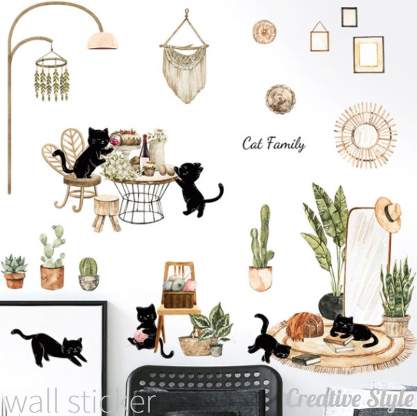 スーパーSALE 半額 ウォールステッカー cat family おしゃれ お花 花 木 植物 グリーン 緑 壁飾り インテリア シール 壁紙 シール 北欧 オシャレ diy 壁紙 バスルーム お風呂に貼れる！ プレゼント♪