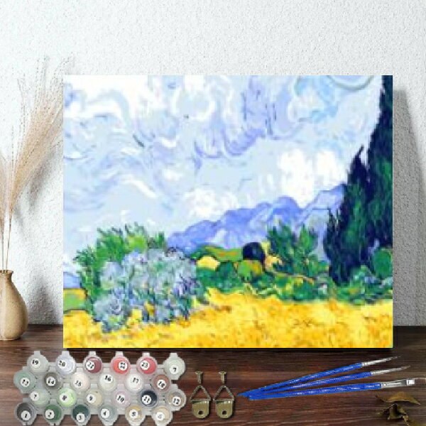 母の日 父の日 油絵 絵画 大人の塗り絵 数字 塗り絵 油絵風 美術品 インテリア 糸杉のある麦畑 名画 【油絵】アクリル絵の具 風景画 塗り絵 油絵セット キャンバス 壁デコ フレーム付き ギフト 手作り アートパネル 絵 趣味 プレゼント 敬老の日 初心者 誕生日 新築 お祝い