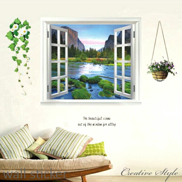 ウォールステッカー 海 窓と川 窓 木 北欧 花 植物 グリーン 緑 壁飾り インテリアシール 壁紙 シール オシャレ 誕生日 diy 風景 猫 海 キッチン|...