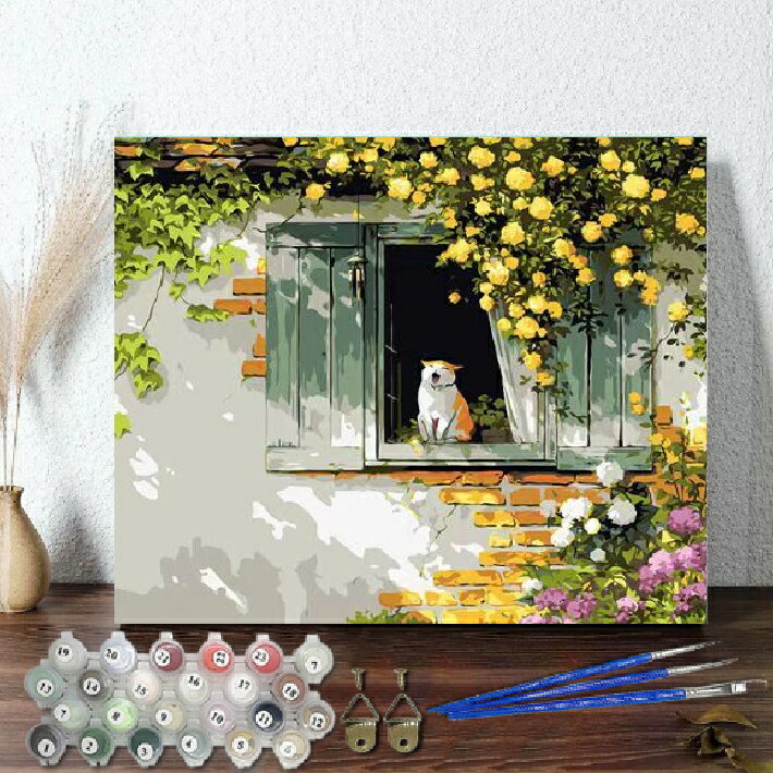 母の日 父の日 油絵塗り絵 大人の塗り絵 絵画 数字塗り絵 油絵風 窓辺バラと猫 名画 【油絵】 アクリル絵の具 塗り絵 大人 油絵 油絵セット キャンバス 壁...