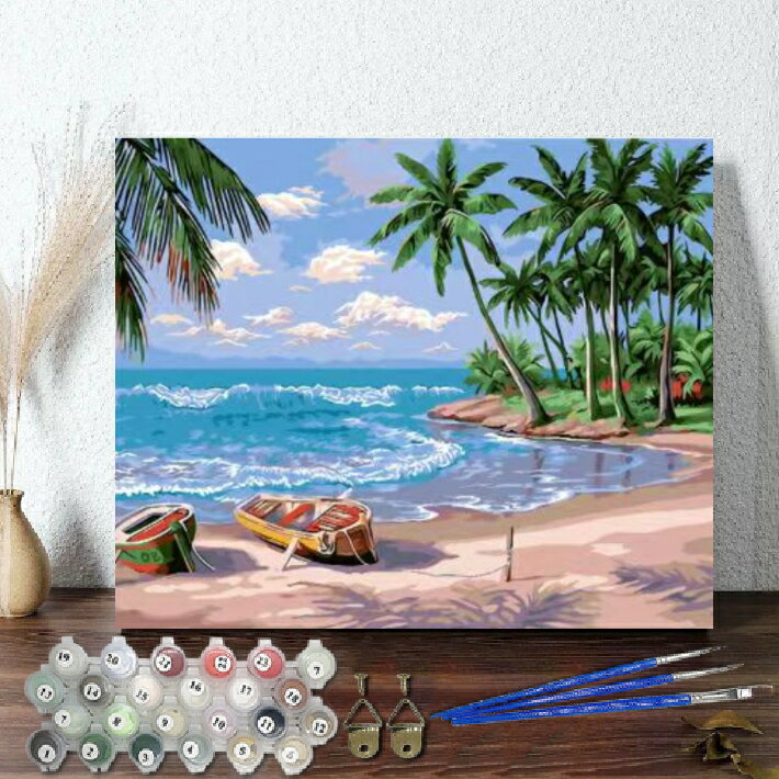 母の日 父の日 油絵塗り絵 大人の塗り絵 絵画 数字塗り絵 油絵風 ビーチ1 名画 【油絵】 アクリル絵の具 塗り絵 大人 油絵 油絵セット キャンバス 壁デコ...