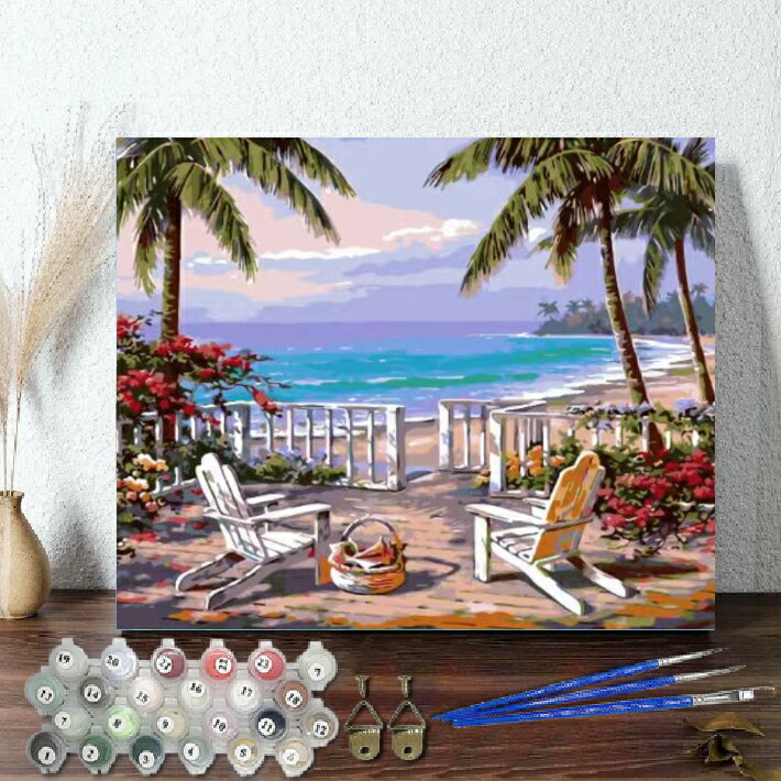 母の日 父の日 油絵塗り絵 大人の塗り絵 絵画 数字塗り絵 油絵風 ビーチ2 名画 【油絵】 アクリル絵の具 塗り絵 大人 油絵 油絵セット キャンバス 壁デコ...