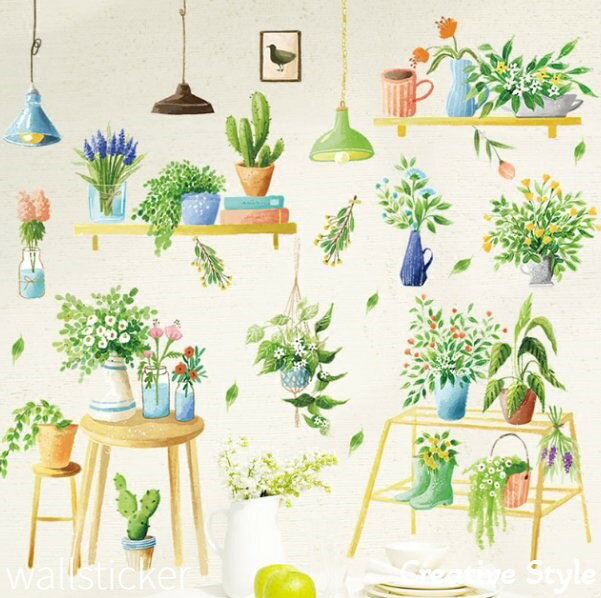 ウォールステッカー プランツ キュート植木鉢 オシャレ 花 木 植物 グリーン 緑 可...