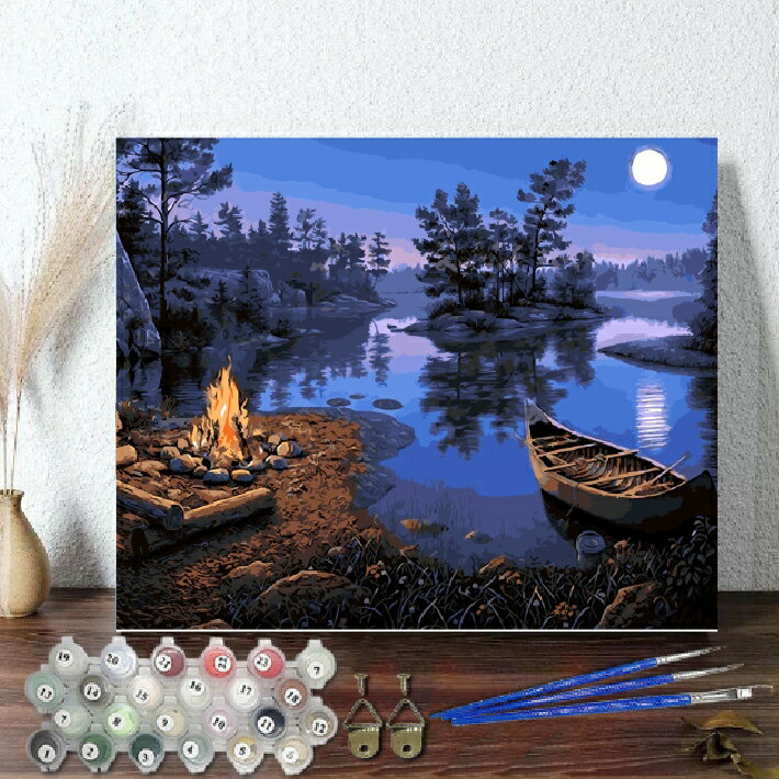 母の日 父の日 大人の塗り絵 絵画 油絵塗り絵 数字塗り絵 油絵風 夜の湖 名画 【油絵】アクリル絵の具 塗り絵 大人 油絵 油絵セット キャンバス 壁デコ 塗...