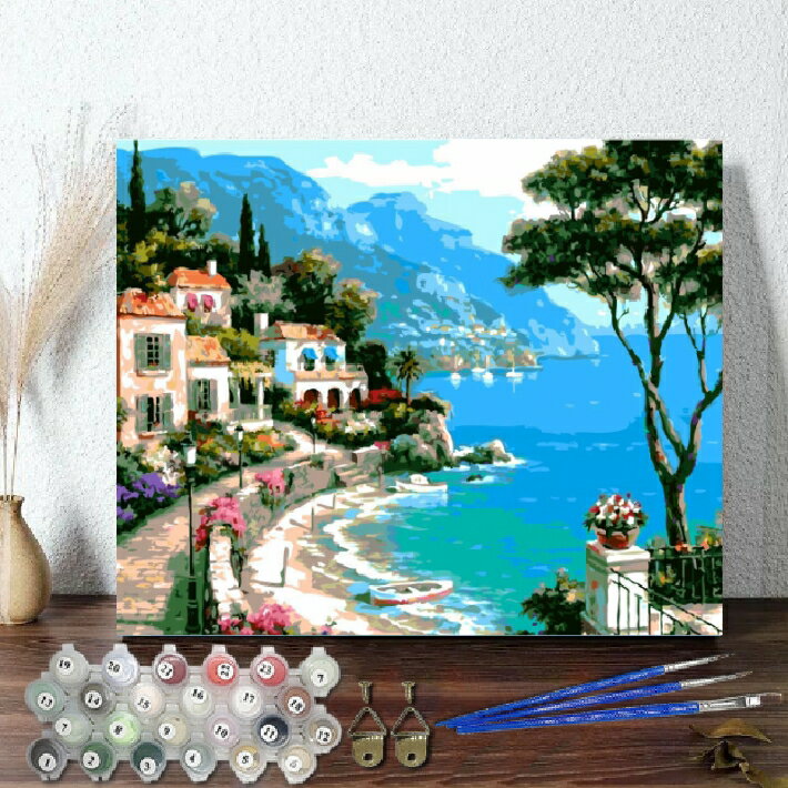 母の日 父の日 【油絵】 絵画 インテリア 油絵 セット 油絵風 壁掛け 美術品 数字 塗り絵 大人の 塗り絵 セット キット 風景画 花 湾岸別荘 海 名画 ...