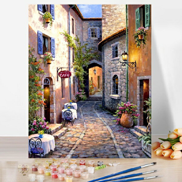 母の日 父の日 大人の塗り絵 絵画 数字塗り絵 油絵風 カフェ小径 名画 【油絵】アクリル絵の具 塗り絵 大人 油絵 風景画 油絵セット キャンバス 壁デコ 塗り絵セット 壁飾り ギフト 手作り アートパネル 絵 趣味 プレゼント 敬老の日 ギフト 初心者 誕生日 新築 お祝いのサムネイル