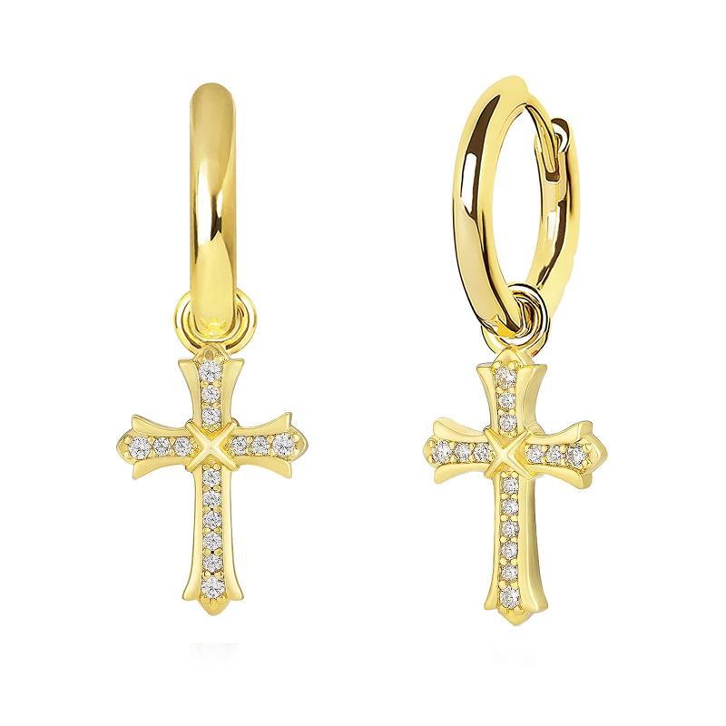 KRKC&CO クロス ピアス メンズ レディース 十字架 フープピアス シルバー925 金属アレルギー対応 両耳 15mm直径 14K金メッキ 20G 純銀 揺れる ドロップイヤリング CZダイヤ ヒップホップ アクセ