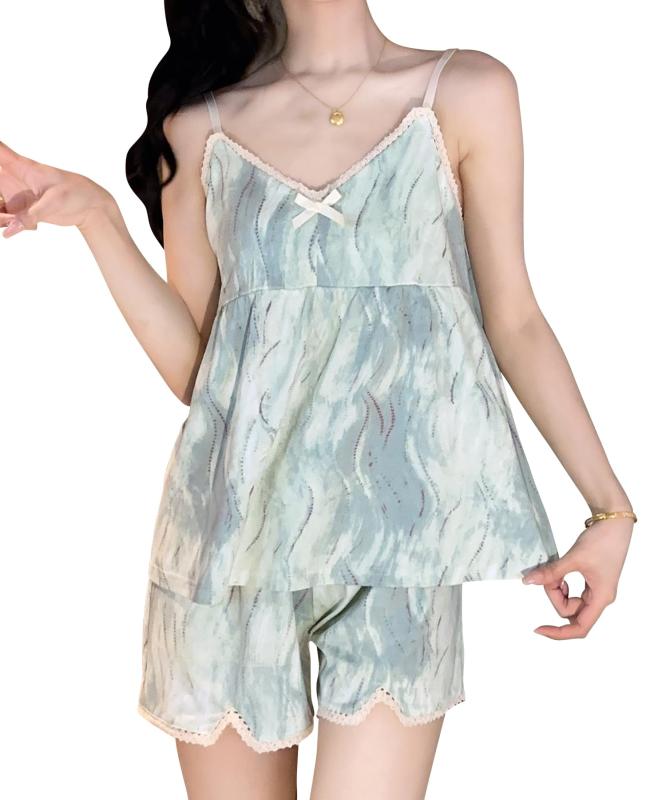 [BAJAOEY] レディースパジャマセット 軽量＆通気性 ノースリーブトップ＆ショートパンツ 快適・可愛いルームウェア・ナイトウェア【胸パッド付き】