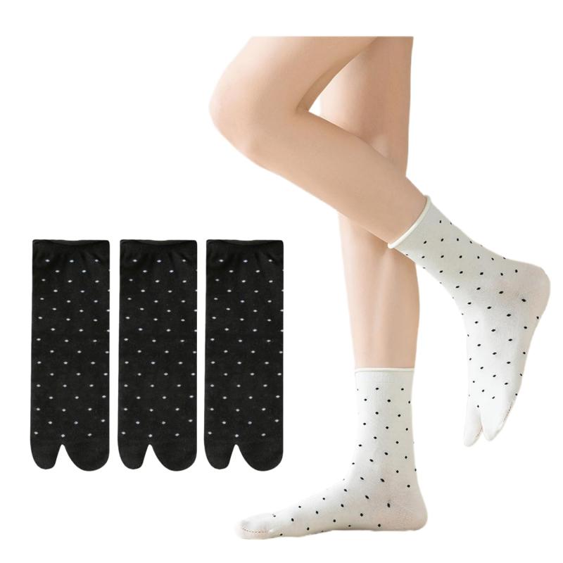 [Qzkouma] 2本指ソックス レディース 3足組 綿混 水玉 クルーソックス 靴下 足袋 ショート ソックス FZDD-75