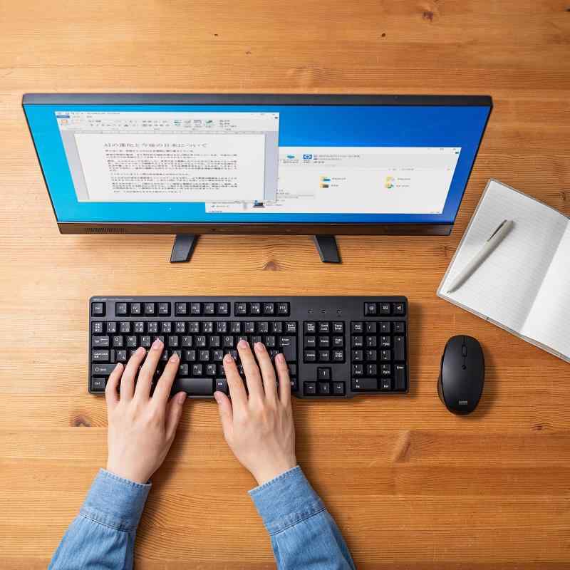 クリエイティブグローバルのサンワサプライ ワイヤレスキーボード 静音マウスセット 2.4GHz USB-A 112キー 日本語配列 Copilotキー メンブレン ブラック SKB-WL40ASETBK｜アングル2