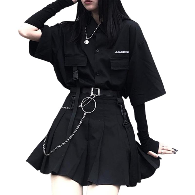 Rakuten - [VCWinMeety] 地雷系 セットアップ 量産型 セットアップ 地雷系 服 ゴシック モード系 レディース シャツ+スカート+ベルト+チェーン付き 暗黒系 4点セット