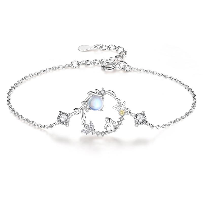 [シルバーサンダー] ブレスレット レディース 人気 金属アレルギー対応 ムーンストーン シルバー プラチナ色 うさぎ 月モチーフ 手元 調整自由 プレゼント 可愛い 誕生日 記念日 結婚式 ア