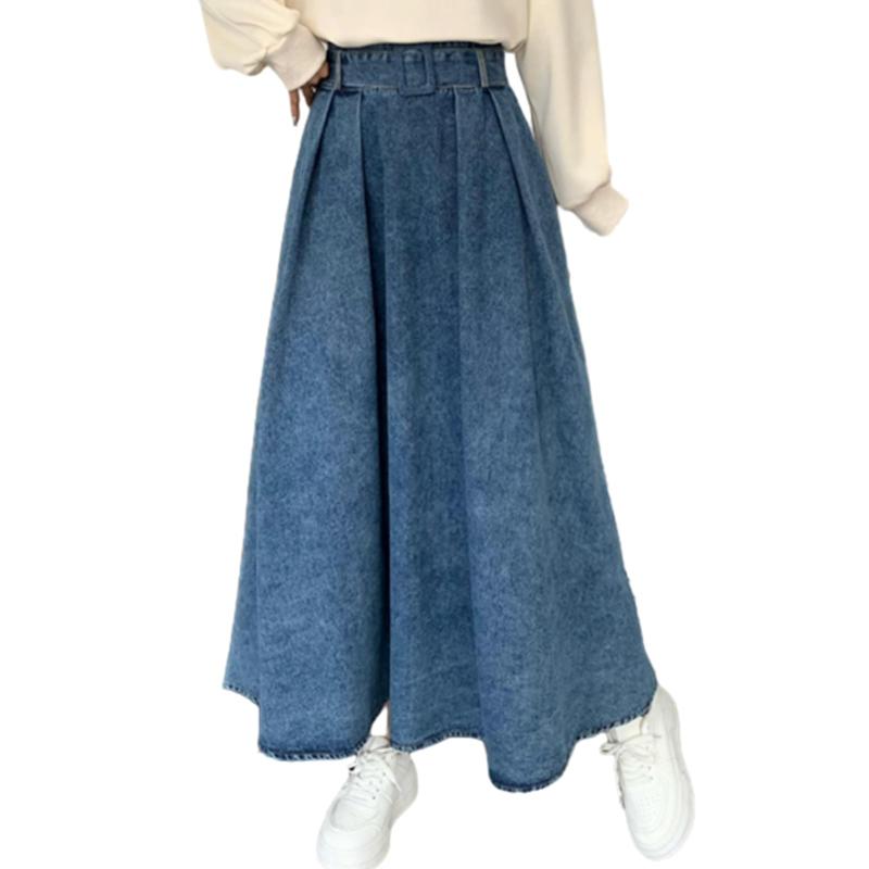 [NONELECEDOLE] スカート レディース デニムスカート ロングスカート フレアスカート Aライン マキシ丈 ベルト付き ハイウエスト 大きいサイズ おしゃれ ルーズフィット 快適 通勤 デート 秋 冬