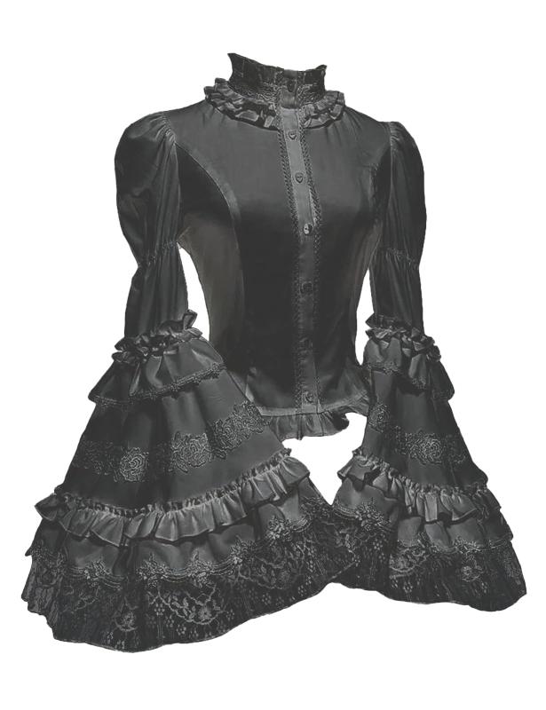 Rakuten - [Jundakara] バックレースアップ 姫袖 ブラウス レディース 立ち襟 ロリータ系 地雷系 花柄 レース フリル パフスリーブ 長袖 かわいい トップス ファッション 服 量産型 フレンチガーリー 学生