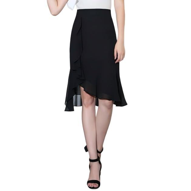 [syvent] マーメイドスカート フリル ミモレ丈 スカート 春秋 ハイウェスト 着痩せ フリルスカート 無地 不規則な裾 きれいめ レディース 通勤 12F301