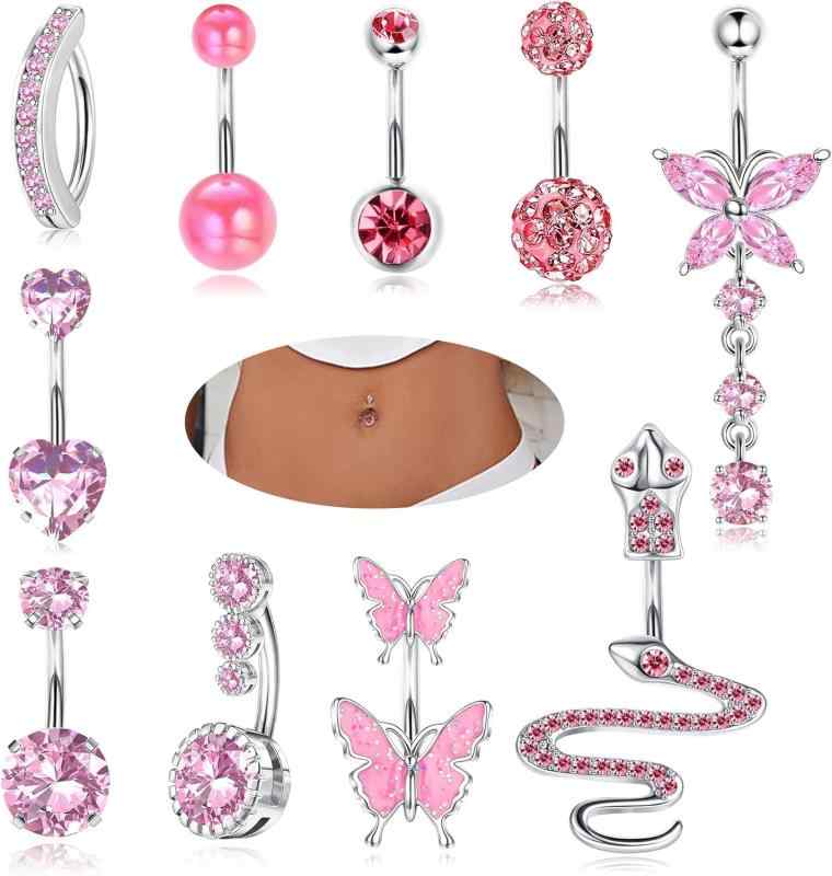 [JeryWe] レディース ボディピアス 可愛い へそピアス ヘソピアス ピンク ブルー ジルコン へそピ レディース カーブ 中折れ ネジ式 キャッチ へそピ へそリング サージカルステンレス 金属ア