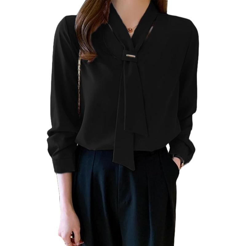[ZeoYoee] シフォンブラウス レディース 長袖 シャツ Vネック トップス ボンタイ付き ワイシャツ 無地 薄手 プルオーバー リボン 体型カバー おしゃれ 通勤 オフィス 春 夏 秋