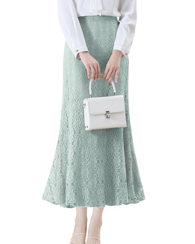 [Yino] ロングスカート レディース マーメイドスカート レース 花柄 フレア 踝丈 ウエストゴム ストレッチ 体型カバー 着痩せ 女性らしい エレガント 可愛い 着回し カジュアル デート 通勤