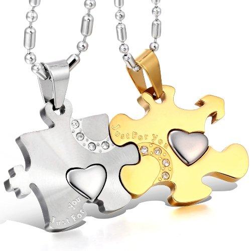 Rakuten - JewelryWe 大切な人や，彼氏・彼女へのプレゼント：カップル 愛の証に, 1ペア(2個) メンズ レディース ネックレス,"JUST FOR YOU"ハート型 ジグソー パズル, ステンレス, カラー:ブラック; シ