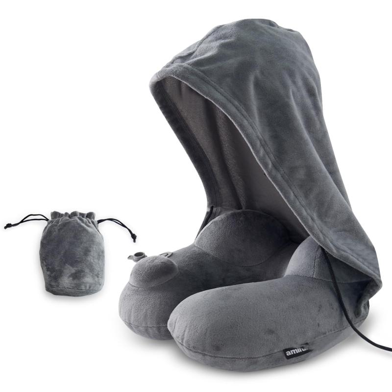 amifun ネックピロー 飛行機 車用 低反発 首枕 フード フード付き 旅行 便利グッズ 旅行グッズ トラベ..