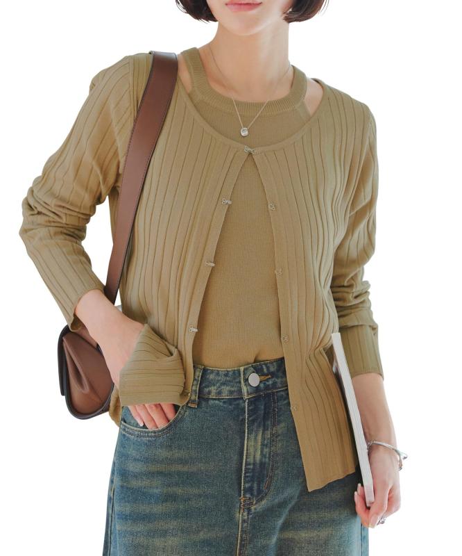 [神戸レタス] アメスリニット ホックカーディガンアンサンブル タンクトップ 長袖 羽織り セット 春服 [N1164]