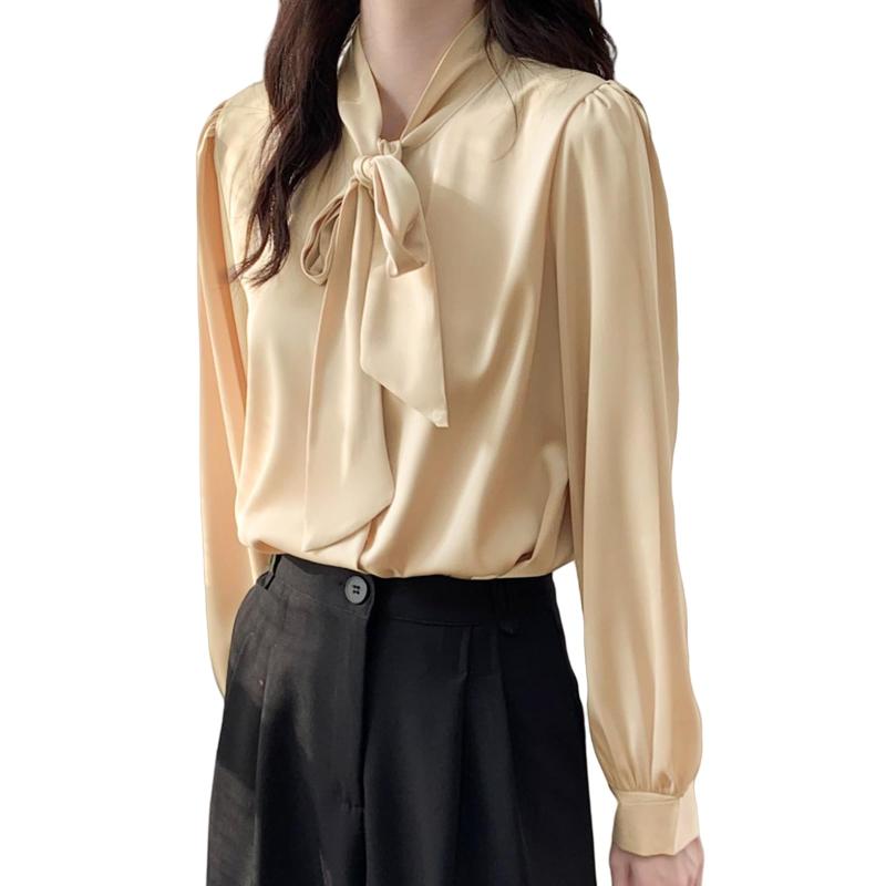 [7-livehouse] シャツ ブラウス レディース 長袖 ボウタイブラウス リボン シフォンブラウス 開襟シャツ 爽やか トップス おしゃれ 無地 エレガント きれいめ 大きいサイズ ゆったり 着痩せ カ