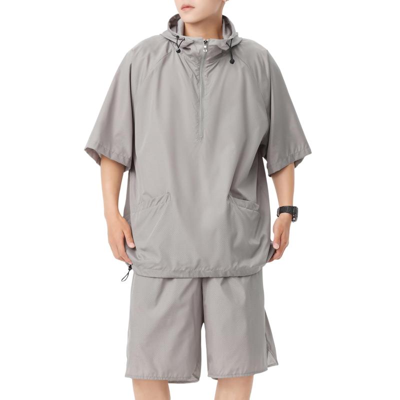 [netero] メッシュ ウインドブレーカー 上下 半袖 ハーフパンツ フード付 メンズ ハーフジップ 上下セット ドライ 吸汗通気 夏