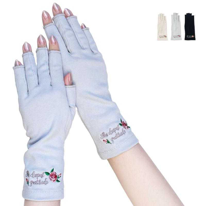 [Milieu] UV手袋 指切り ショート レディース 日焼け防止 UVカット 指先 が 出る 手袋 UVケア グローブ 日よけ 運転 春夏 スマホ対応 ゴルフ 紫外線対策 夏用 薄手 刺繍 バラ W6815-46