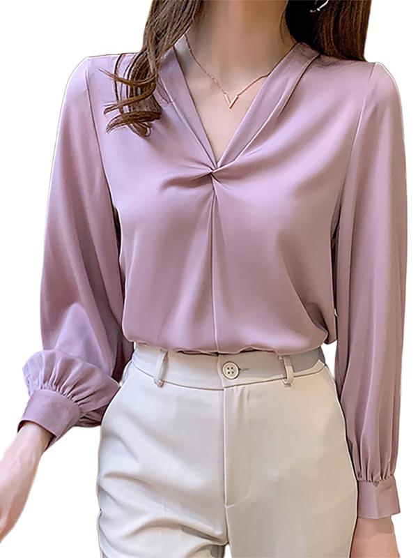 [Lalapala] ブラウス シャツ レディース 長袖 シフォン トップス Vネック ゆったり おしゃれ 無地 着瘦せ 大人 女性らしい 可愛い 柔らか 通勤 オフィス デート きれいめ カジュアル フォーマル
