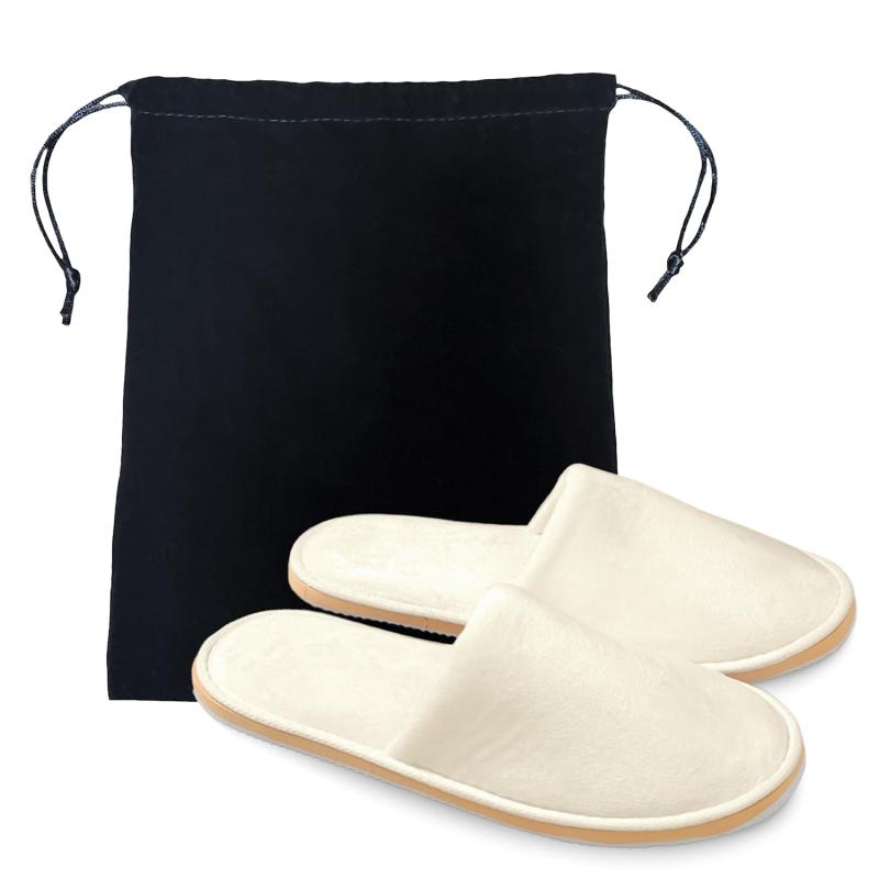 [Sorave] 携帯スリッパ 前閉じ 旅行 学校 参観日 来客用 男女兼用 コットン リネン 軽量 収納袋付き