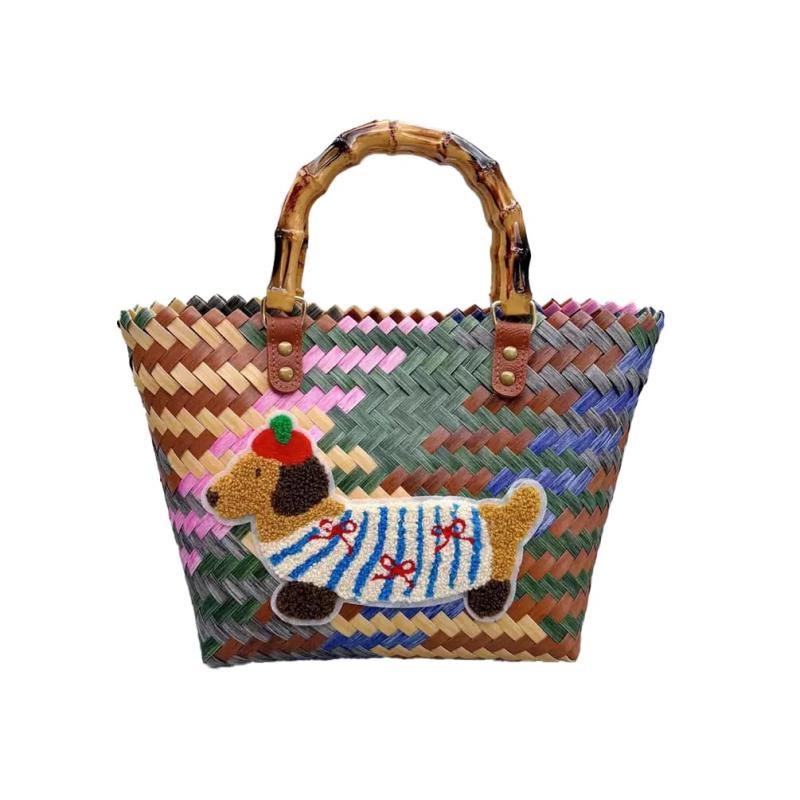 [Muzhilun] レディースエコ草編風バッグ ダックスフント柄 女性手作りPP織 竹製ハンドル夏ビーチバッグ 犬柄 収納たっぷり PP織り 浴衣 夏祭り花火大会 海辺 プレゼント【サイズ】エコ草編風バッグ：32*28*11CM 竹製持ち...