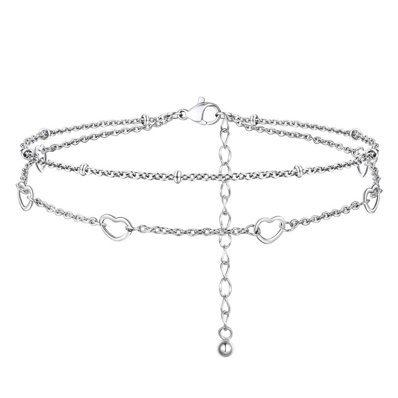 [ChainsHouse] アンクレット つけっぱなし レディース 2連 サージカルステンレス ハート ボールチェーン 22cm+5cm アクセサリー