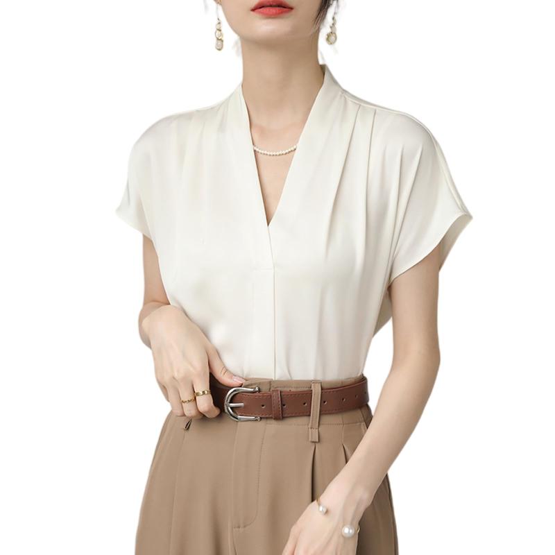 [Leadamon-oee] ブラウス レディース 半袖 シャツ フレンチスリーブ Vネック シフォンブラウス フリル トップス プルオーバー 無地 大きいサイズ 接触冷感 オフィス 通勤 夏