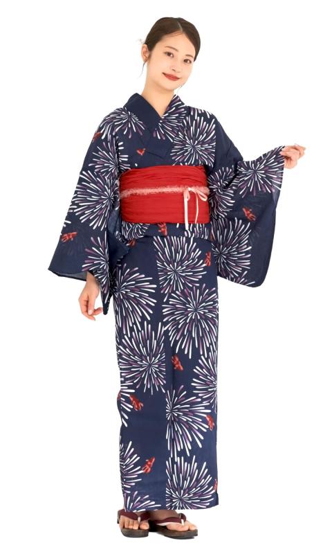 [NISHIORI] 綿麻 レディース浴衣2点セット（浴衣＋しわ兵児帯）夏祭り 花火大会 コーディネート済み 10種類 フリーサイズ