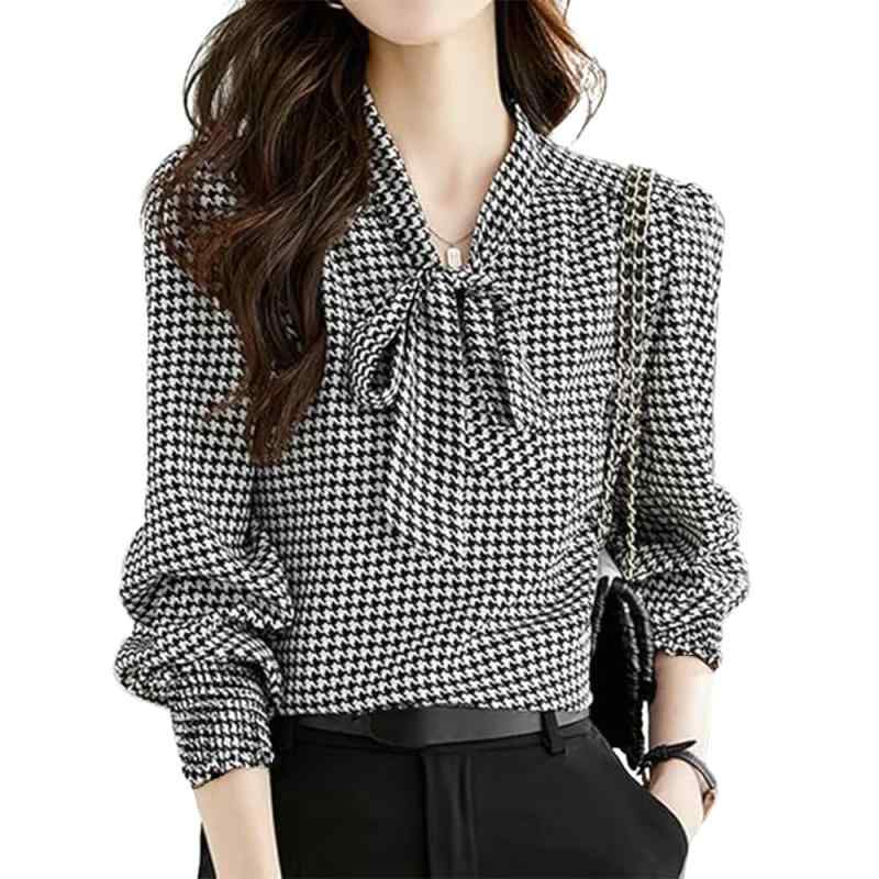 HCAWRNAP 千鳥柄 シャツ レディース ブラウス 長袖 パフスリーブ リボン付き エレガント おしゃれ 普段着 デート 着痩せ 着回し力 春 秋 冬 HC38