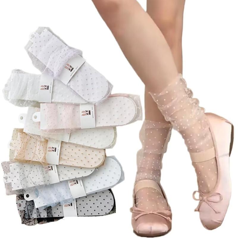 [Eukkis] シースルー水玉柄クルーソックス 透明チュール春夏用薄手カラー靴下 可愛いドット柄ルーズソックス 蒸れない 通気性速乾性