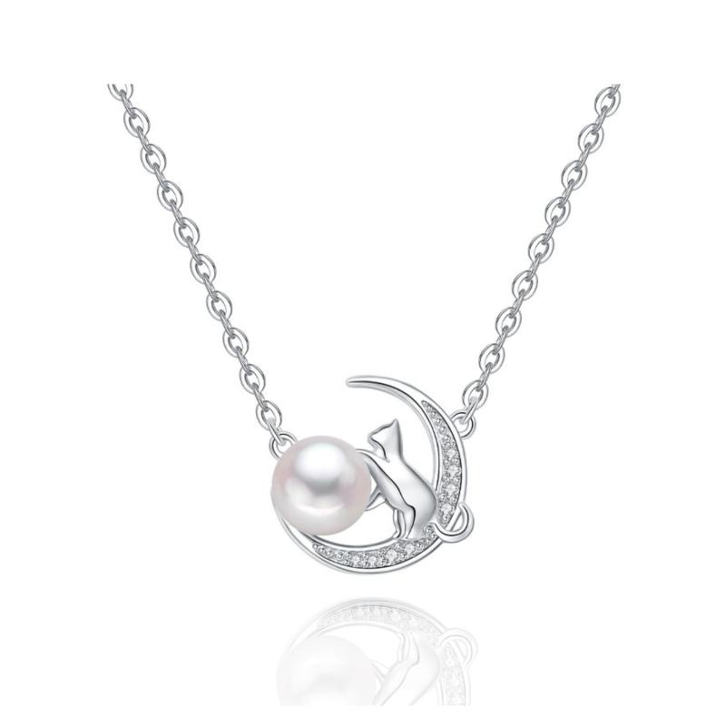 [Cute jewelry　Mei Leaf] 猫 パール 真珠 ネックレス シルバー あずきチェーン アジャスター付き レディース