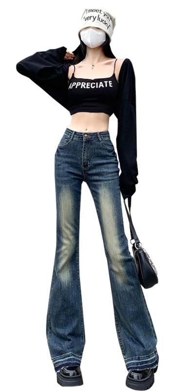 Bestmood フレアデニム レディース ジーンズ ダメージ 美脚 ロングパンツ ジーパン カジュアル ストレッチ ベルボトム 伸縮性