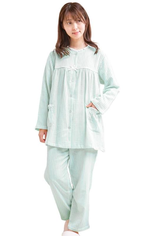 [ケーズアイ] 軽くて柔らかい肌触りのやや薄いガーゼ楊柳ストライプ パジャマ レディース 長袖 初夏・夏・初秋向き S/M/L/LL/3L ナイトウェア ルームウェア 入院準備 12048