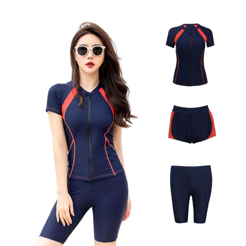 [RainKind] レディース 水着 フィットネス タンキニ 3点セット 体型カバー セパレート 半袖 大きいサイズ スポーツ 練習 水泳服 温泉 プール ビーチ 吸汗速乾 水陸両用 スイムウエ