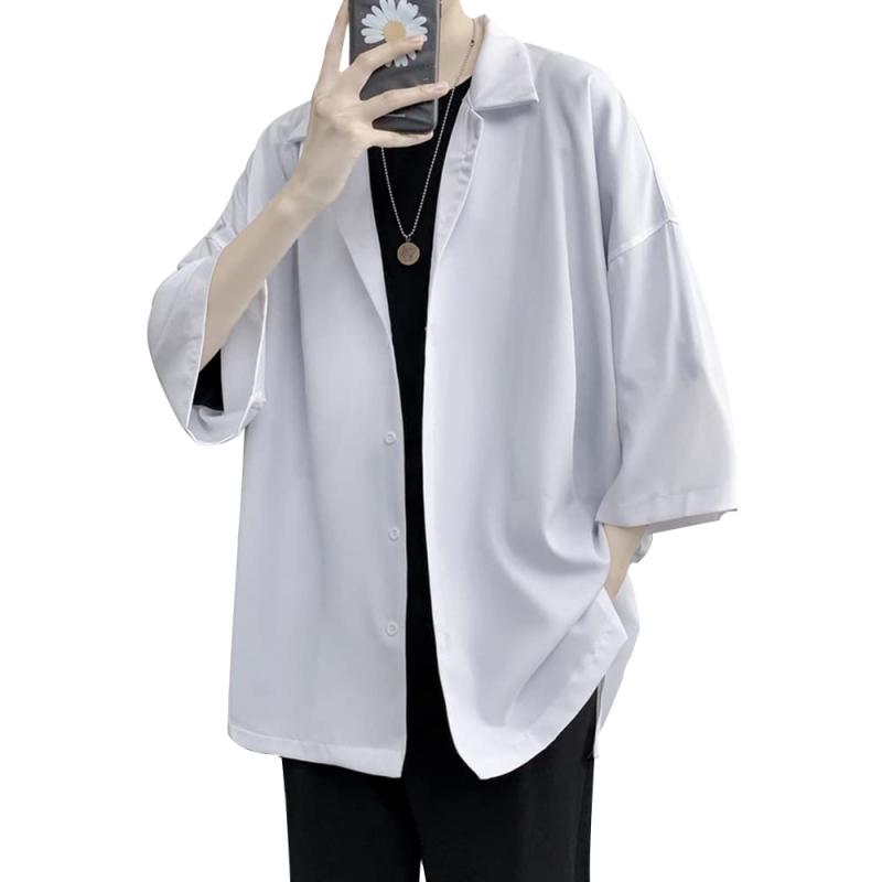 [foxseon] シャツ メンズ 五分袖 吸汗速乾 快適な軽い オーバーサイズシャツ ワイシャツ 韓国 ポロネック 大きいサイズ 春 夏 派手 ストリート系 ドロップショルダー 無地 夏 半袖 ワイシャツ