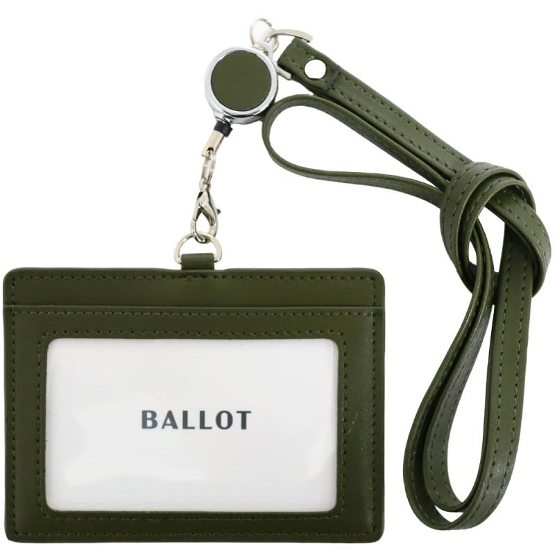 BALLOT 本革 IDカードホルダー ネームホルダー 横型 パスケース ネックストラップ 伸縮リール付き