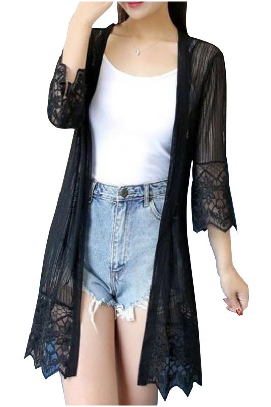 [ネコート] ロングカーディガン レディース サマーカーディガン シースルー ガウン 薄手 レース 体型カバー 七分袖 透け感