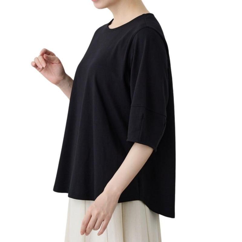 [evene] レディース ぽわん袖 ランタンスリーブ ブラウス 5分袖 二の腕カバー 綿100％ ブラックコーデ