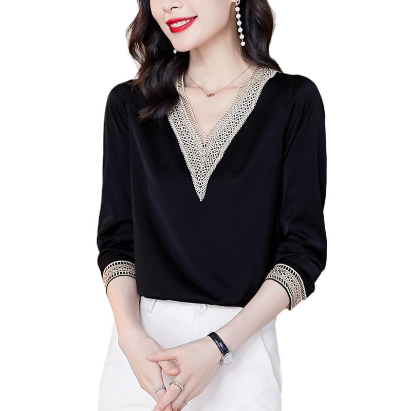 [WoauNuiHll] ブラウス レディース 長袖 シャツ シフォンブラウス Vネック 刺繍 ワイシャツ 無地 tシャツ トップス 体型カバー 着痩せ おしゃれ 通勤 オフィス 春 秋