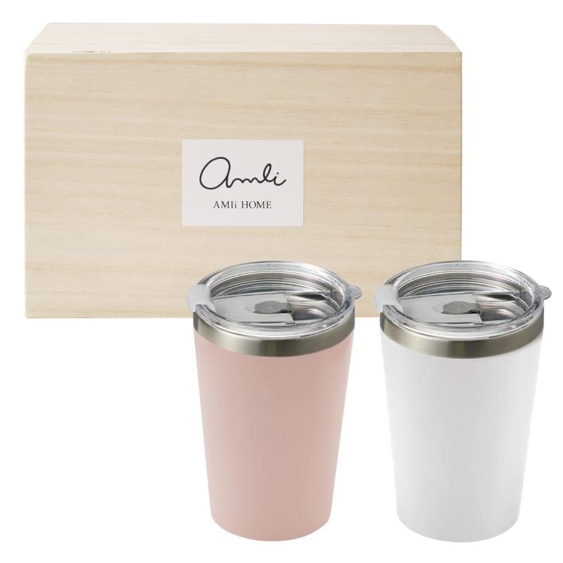 Dolce duo サーモタンブラー ふた付 保温 保冷 ステンレス 真空断熱 二重構造 カップホルダー 400ml 2個セット ホワイト ピンク コンビニカップ カップコーヒー テイクアウト ギフトセット 木箱