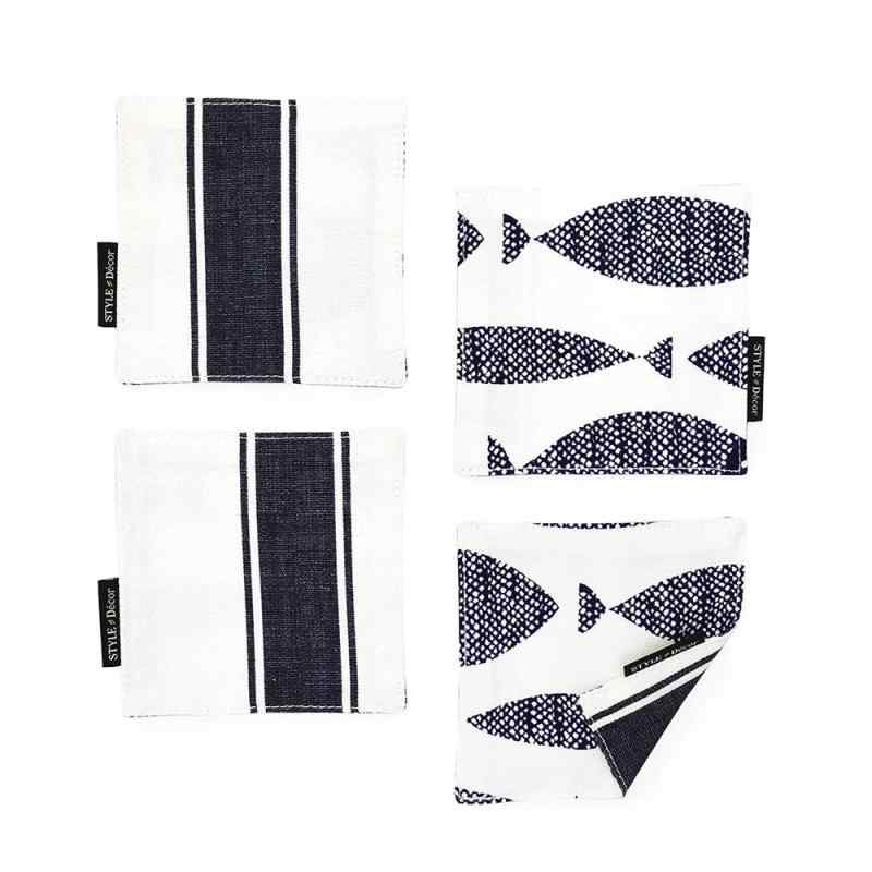 スタイルデコール(STYLE Decor) コースター リバーシブル おしゃれ 布 4枚セット 洗える 北欧 マリン ネイビー さかな フィッシュ W3000520